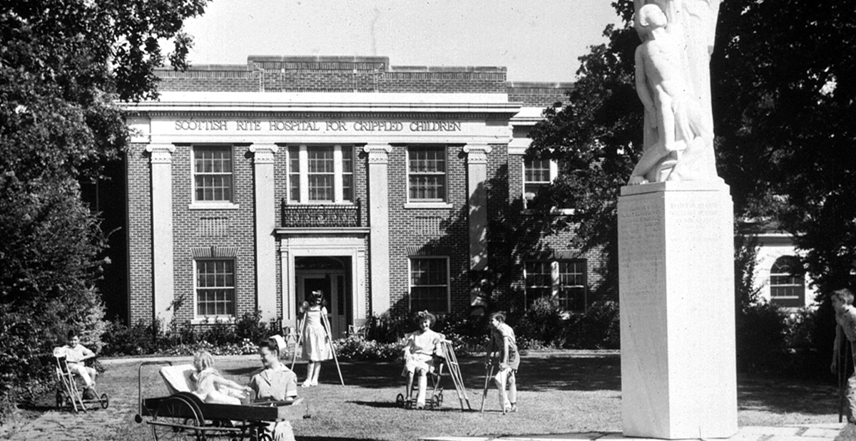 SCOTTISH RITE HOSPITAL FOR CRIPPLED CHILDREN. A black and white photo of the scottish rite hospital for orphaned children