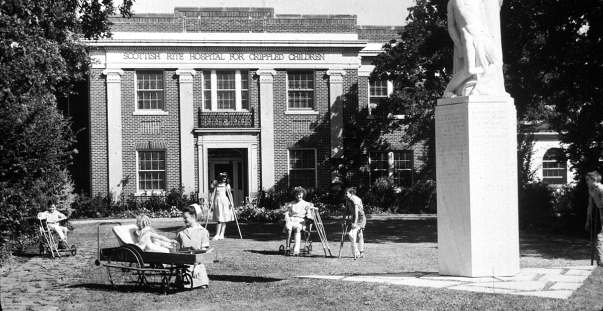 SCOTTISH RITE HOSPITAL FOR CRIPPLED CHILDREN. A black and white photo of the scottish hospital for crippled children