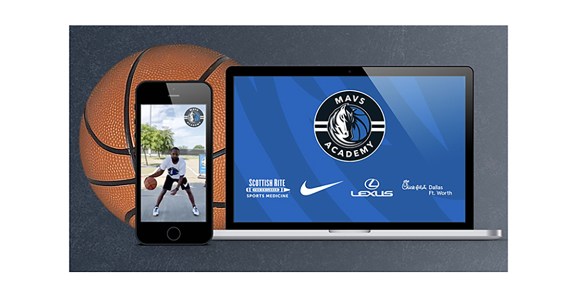 MAVS SCOTTISH RITE Токово SPORTS MEDICINE ACADEMY IL LEXUS Buick 44.x Dallas Ft. Worth. A phone and a laptop with the mavs academy logo on the screen