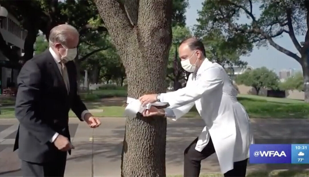 Two men wearing face masks are standing next to a tree and the time is 10:31